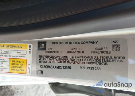 2021 Chevrolet Spark Fwd Ls Automatic из США, поврежденный, VIN KL8CB6SAXMC712366